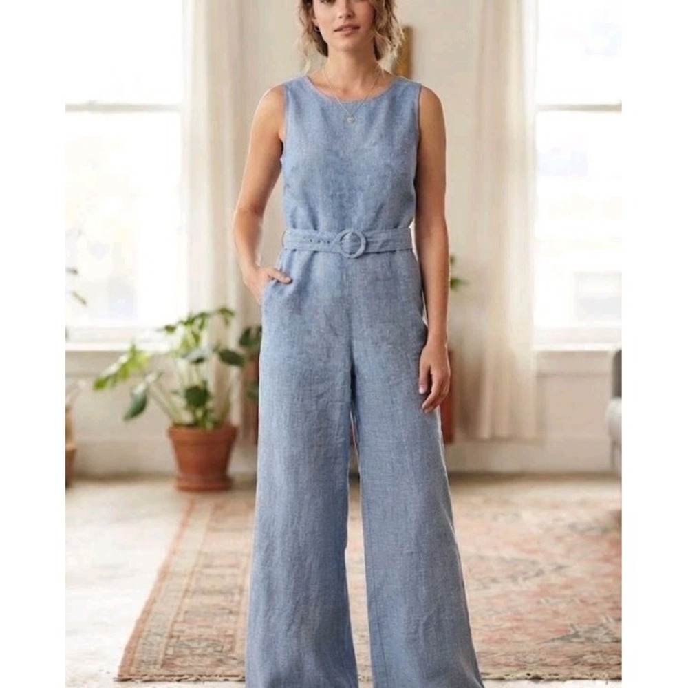 LOFT 100% Linen Blue Sleeveless Belted Wide Leg Cropped Jumpsuit Size 12